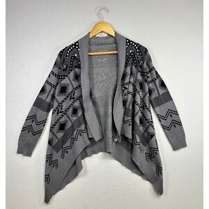 Pink Republic Gray Geometric Print Open Front Waterfall Cardigan Sweater Women S